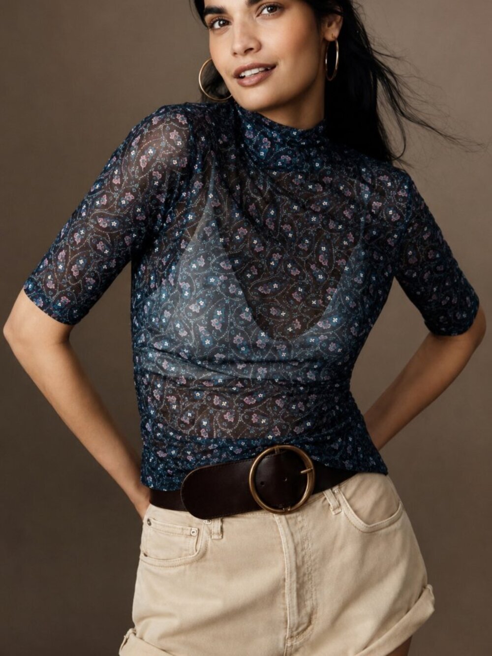 Anthropologie NEW Half Sleeve Mesh Top Funnel Neck Whimsigoth Floral SZ Medium